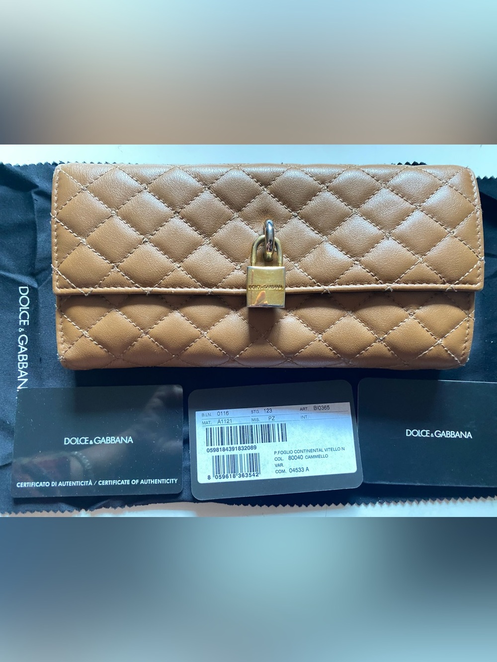Dolce & Gabbana Archival Quilted Leather Padlock Continental Wallet Camel W/ COA